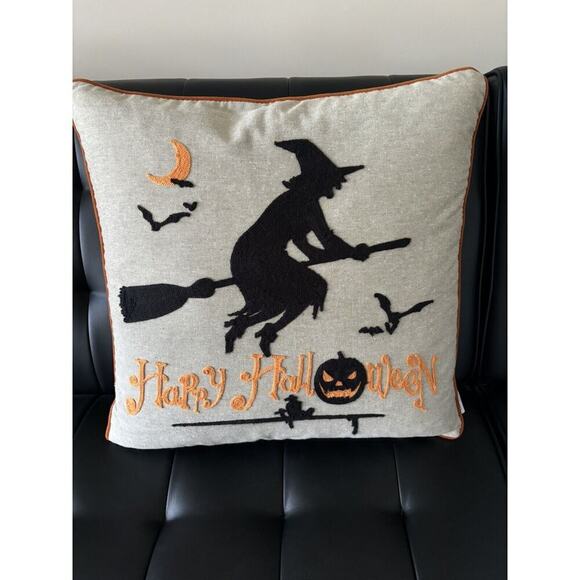 Unknown Other - Large Black Embroidery Witch Plump Down Filled Halloween Decor 20” Accent Pillow